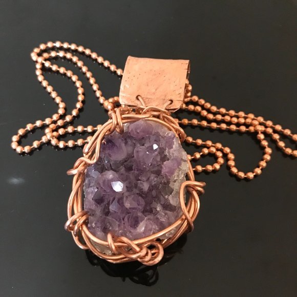 Genuine Amethyst Druzy Drusy Pendant Solid Pure Copper Necklace Natural Mens - Picture 2 of 8